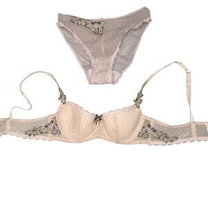 Antinea Lingerie Set Womens 34B XS‎  Polka Dot Floral Mesh Coquette Romantic